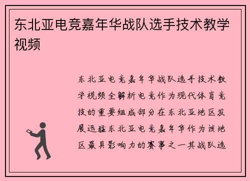东北亚电竞嘉年华战队选手技术教学视频