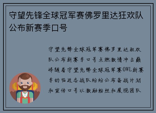 守望先锋全球冠军赛佛罗里达狂欢队公布新赛季口号